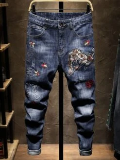 Personality Embroidery Ruched Denim Long Pants