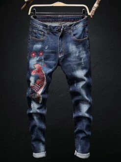 Autumn Fish Embroidery Mid Waist Denim Jeans Men