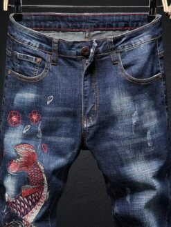 Autumn Fish Embroidery Mid Waist Denim Jeans Men -Active Vogue P 20211101160719679 127