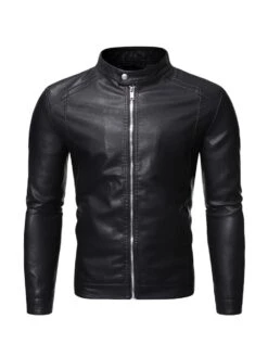 Outdoor Black Zipper Stand Collar Pu Jacket -Active Vogue P 20211202145823633 782