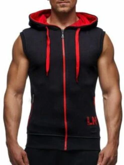 Casual Contrast Color Zipper Hooded Collar Sleeveless Men Tops