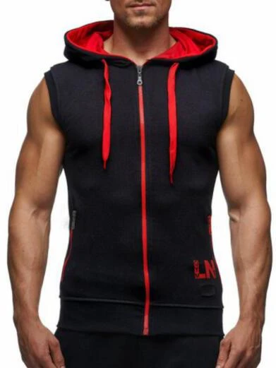 Casual Contrast Color Zipper Hooded Collar Sleeveless Men Tops 3 Casual Contrast Color Zipper Hooded Collar Sleeveless Men Tops