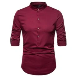 Simple Design Solid Stand Collar Long Sleeve Men Shirts