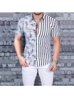 Fashion Striped Printed Patchwork Contrast Color Shirt