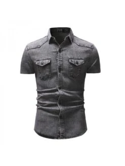 Retro Denim Pure Color Patchwork Men's Shirt