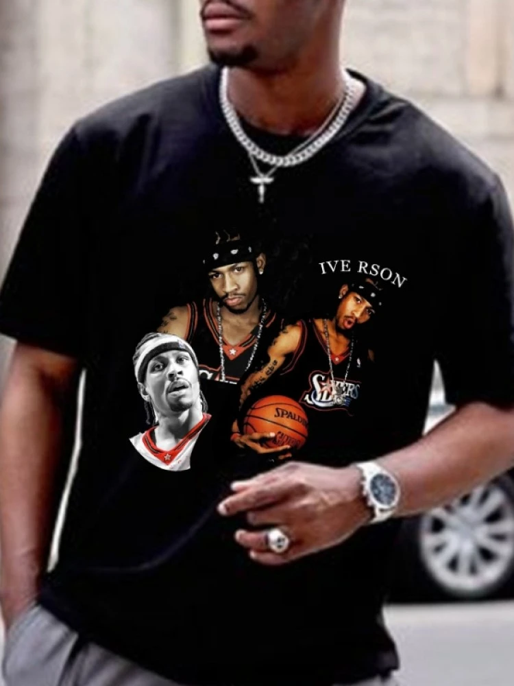 Printed Black Loose Street Tees For Men 3 Printed Black Loose Street Tees For Men