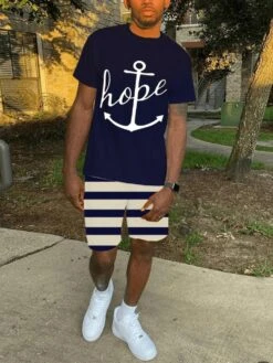 Leisure Striped Printed 2 Piece Short Suits For Men