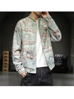 Men's Chinese Style Stand Collar Zipper Up Jacket