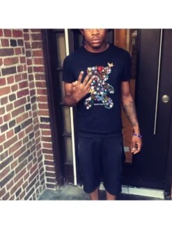 Flower Bear Printed Black Short Sleeve Tees For Men