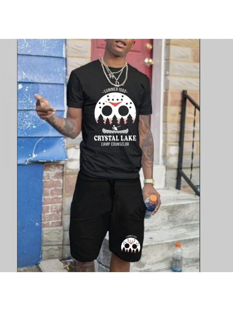 Casual Printed Black Matching 2piece Short Sets For Men 3 Casual Printed Black Matching 2piece Short Sets For Men