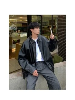 Front Page 25 Fashion Pu Leather Men's Pure Color Jacket