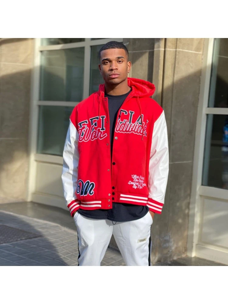 Red Embroidery Letter Men Hooded Collar Jacket Coats 4 Red Embroidery Letter Men Hooded Collar Jacket Coats - Image 2