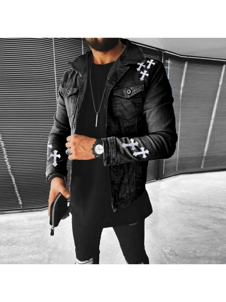 Street Cross Patchwork Black Denim Jackets For Men 3 Street Cross Patchwork Black Denim Jackets For Men