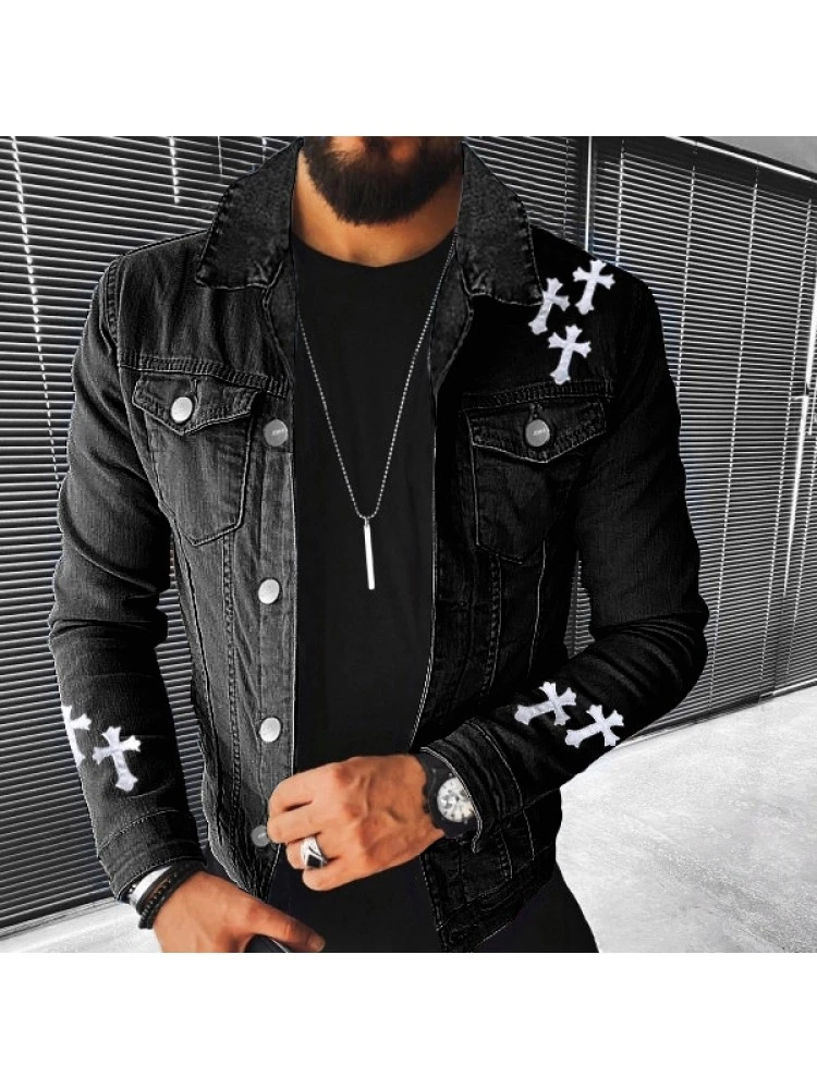 Street Cross Patchwork Black Denim Jackets For Men 4 Street Cross Patchwork Black Denim Jackets For Men - Image 2