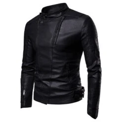 Pure Color PU Men's Long Sleeve Jacket
