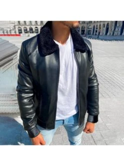 Black Artificial Leather Zipper Down Men Jackets -Active Vogue P 20221101182612938 812