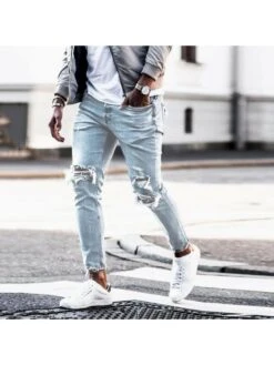 Men Blue Ripped Pencil Jean Pants