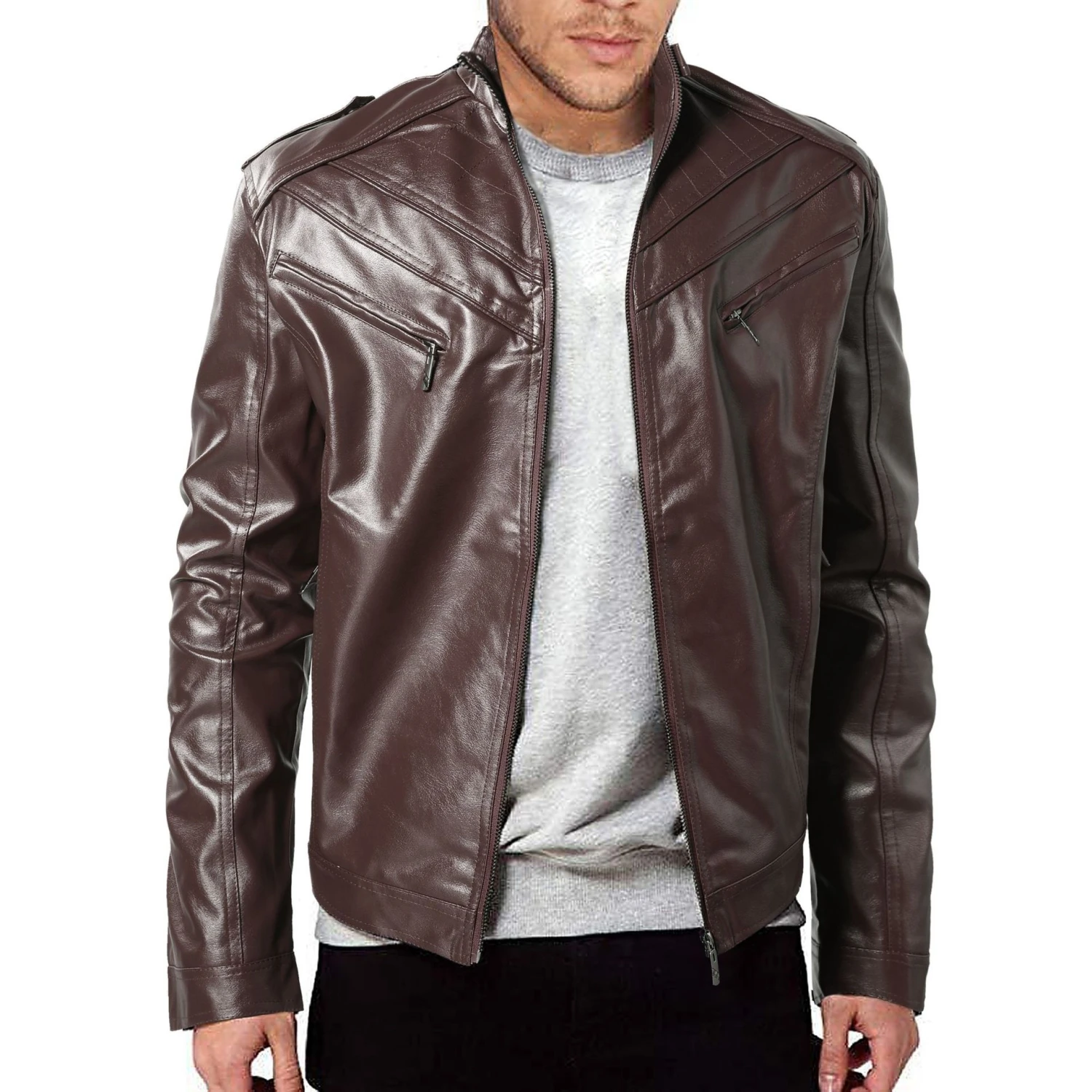 Fashion PU Leather Pure Color Men's Jacket 3 Fashion PU Leather Pure Color Men's Jacket