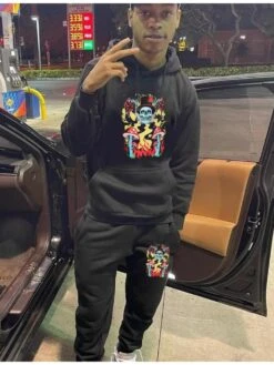 Skull Graphic Black Hooded Pants Men Long Suits