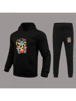 Skull Graphic Black Hooded Pants Men Long Suits -Active Vogue P 20221219122954903 706