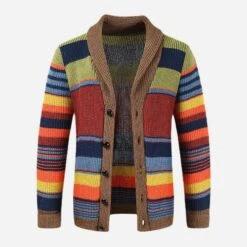 Pink Color Block Striped Men Sweater Coats