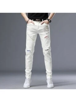 2023 Trend Ripped Patch Men's White Jeans