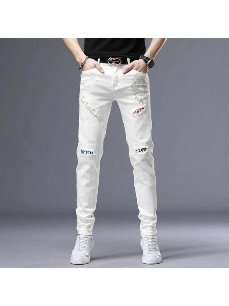 2023 Trend Ripped Patch Men's White Jeans 3 2023 Trend Ripped Patch Men's White Jeans