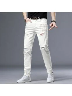 2023 Trend Ripped Patch Men's White Jeans 12 2023 Trend Ripped Patch Men's White Jeans -Active Vogue P 20230318151308437 664