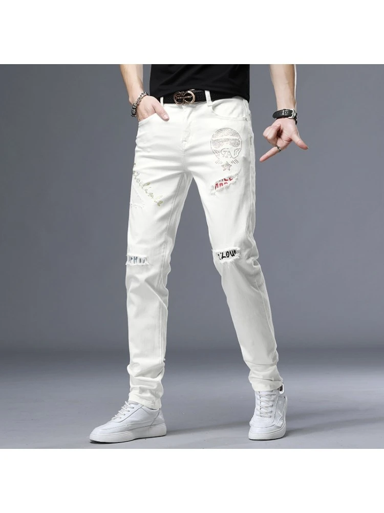2023 Trend Ripped Patch Men's White Jeans 5 2023 Trend Ripped Patch Men's White Jeans - Image 3