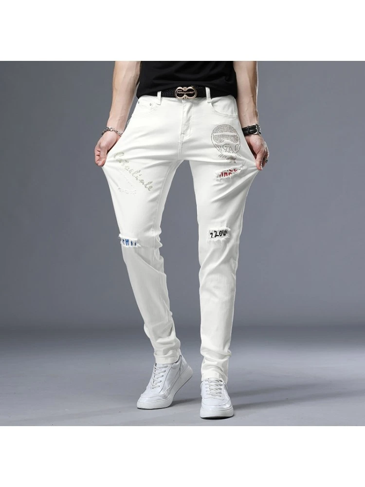 2023 Trend Ripped Patch Men's White Jeans 6 2023 Trend Ripped Patch Men's White Jeans - Image 4