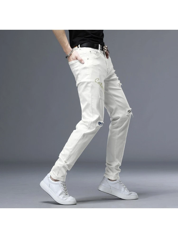 2023 Trend Ripped Patch Men's White Jeans 7 2023 Trend Ripped Patch Men's White Jeans - Image 5