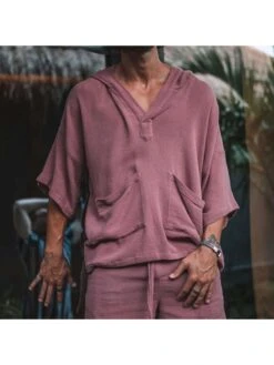 Men Pure Color Casual Short Sleeve Two-Piece Shorts Suit