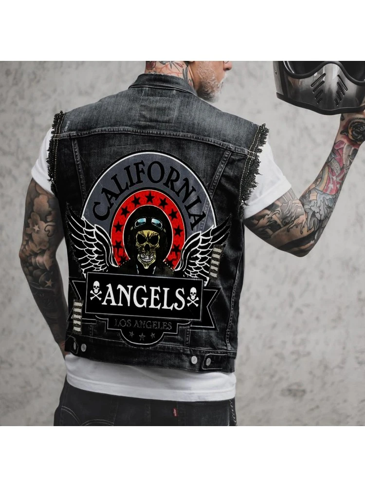 Fashion Street Black Printing Sleeveless Men's Denim Jacket 4 Fashion Street Black Printing Sleeveless Men's Denim Jacket - Image 2
