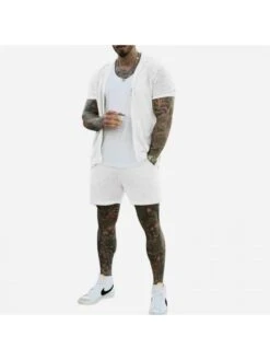 Men Casual Hollow Out Short Sleeve 2PC Shorts Suit -Active Vogue P 20230503151521015 141