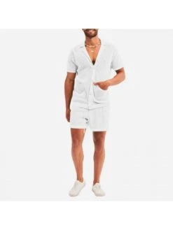 Men Casual Hollow Out Short Sleeve 2PC Shorts Suit -Active Vogue P 20230503151523294 655