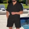 Men's Pure Color Casual Blouse 2pc Shorts Sets -Active Vogue P 20230714165201578 942