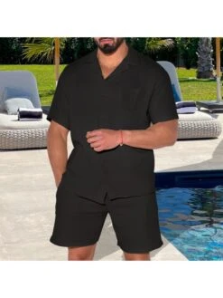 Men's Pure Color Casual Blouse 2pc Shorts Sets