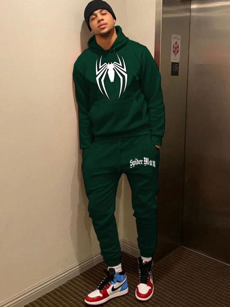 Men Spider Printed Hooded Sweater Two Piece Sets 4 Men Spider Printed Hooded Sweater Two Piece Sets - Image 2