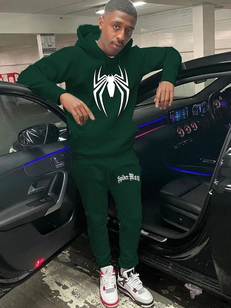 Men Spider Printed Hooded Sweater Two Piece Sets 5 Men Spider Printed Hooded Sweater Two Piece Sets - Image 3