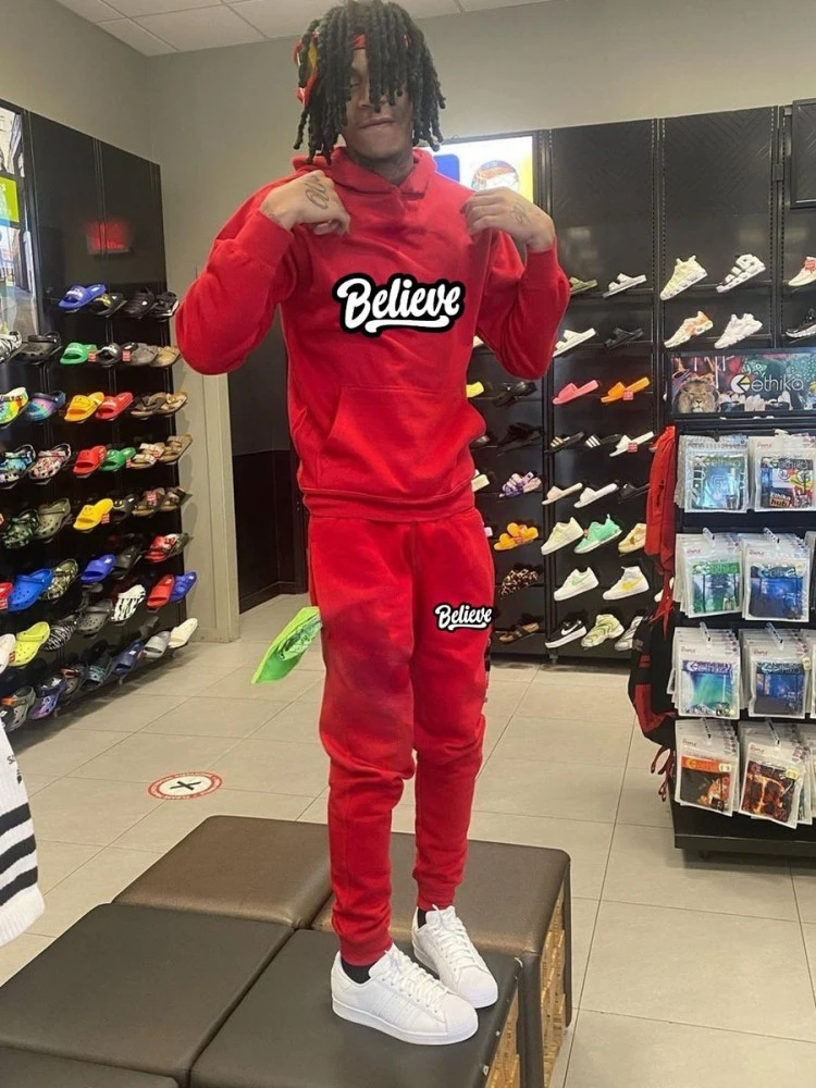 Believe Letter Printing Hooded Sweatshirt Suit. 3 Believe Letter Printing Hooded Sweatshirt Suit.