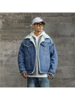 Solid Color Denim Fitted Jackets For Men