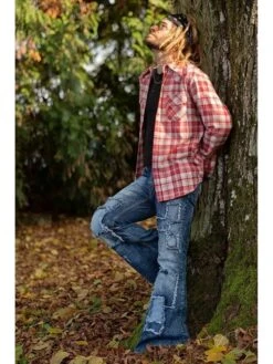 Patchwork Denim High Rise Flare Jeans -Active Vogue P 20231113171711761 401