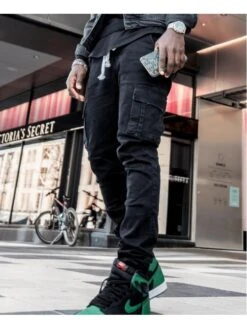 Cargo Pocket Patchwork Denim Fitted Jeans