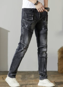 Patchwork Raged Hem Denim Men's Long Pant