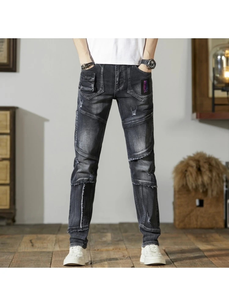 Patchwork Raged Hem Denim Men's Long Pant 7 Patchwork Raged Hem Denim Men's Long Pant - Image 5