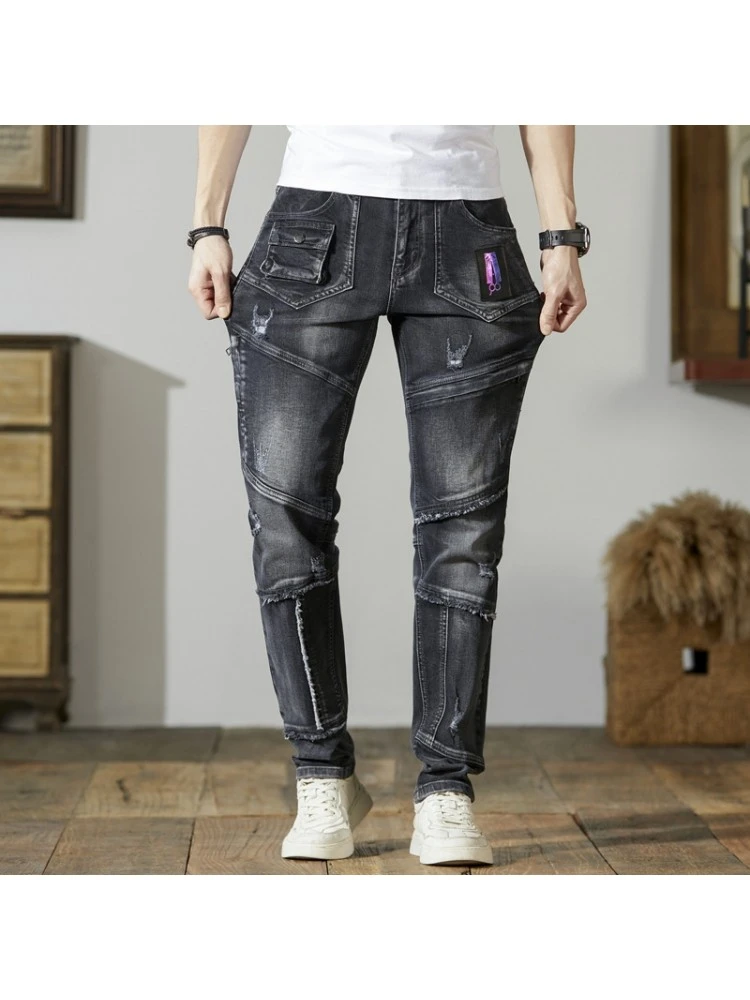 Patchwork Raged Hem Denim Men's Long Pant 8 Patchwork Raged Hem Denim Men's Long Pant - Image 6