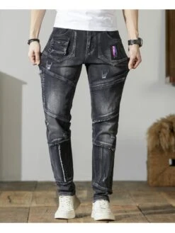 Patchwork Raged Hem Denim Men's Long Pant 19 Patchwork Raged Hem Denim Men's Long Pant -Active Vogue P 20240319140504029 714