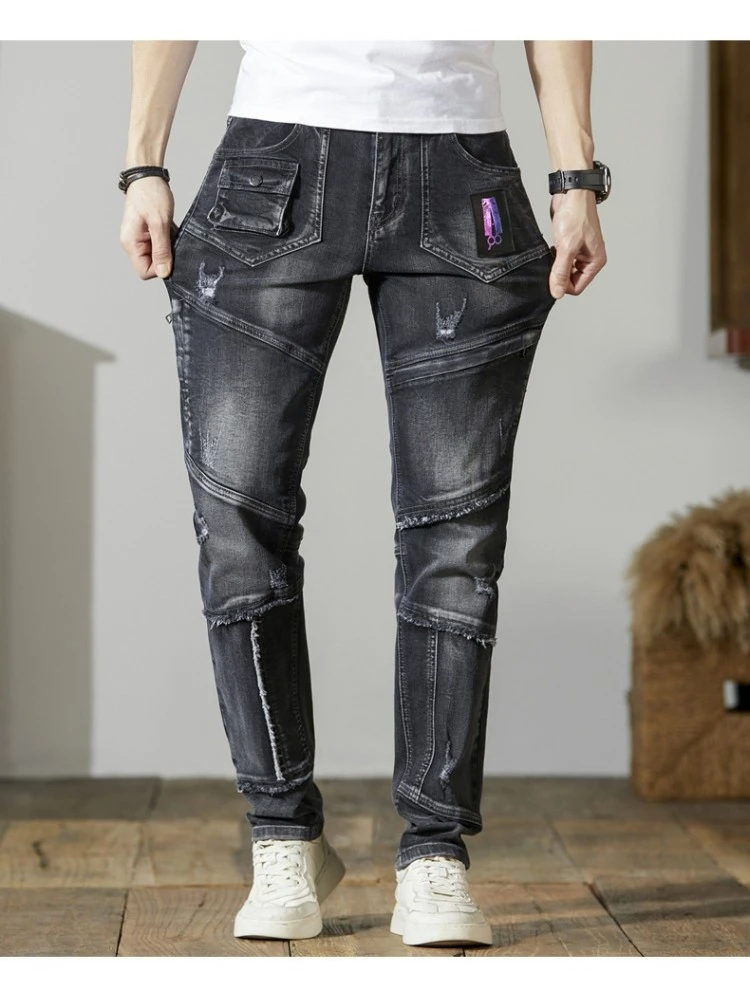 Patchwork Raged Hem Denim Men's Long Pant 10 Patchwork Raged Hem Denim Men's Long Pant - Image 8