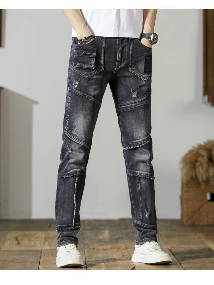Patchwork Raged Hem Denim Men's Long Pant 12 Patchwork Raged Hem Denim Men's Long Pant - Image 10