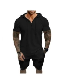 Patchwork Hooded Short Sleeve Short Suit